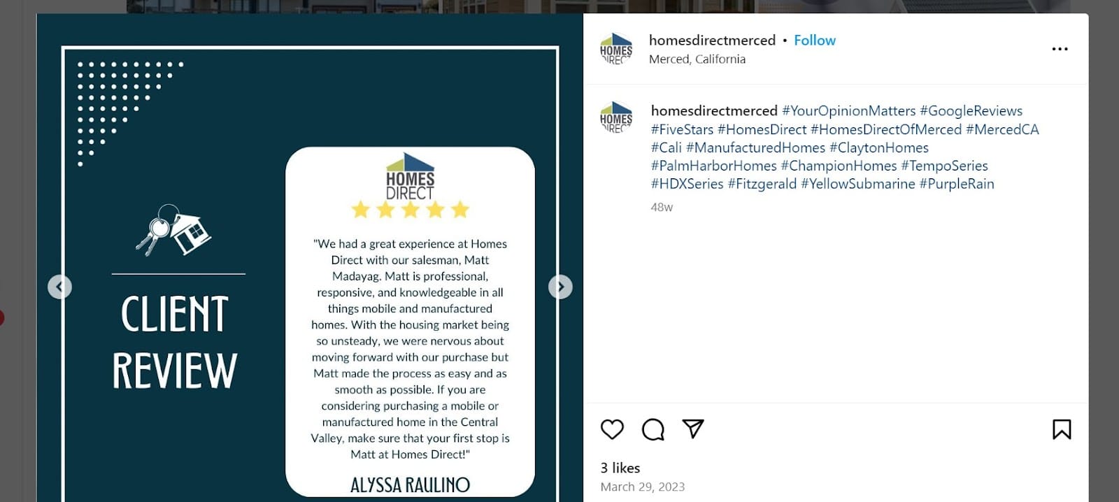 Instagram customer testimonial