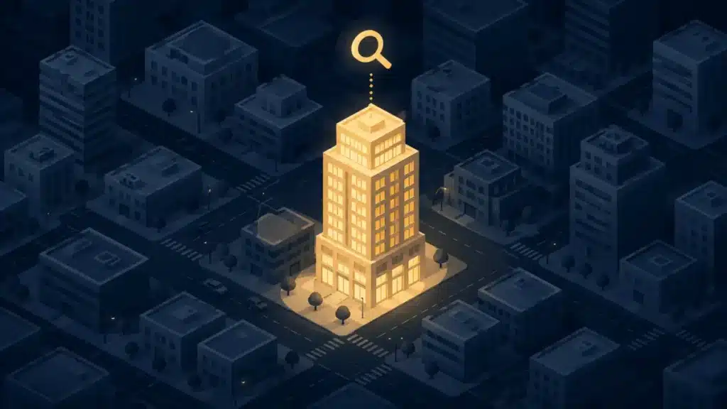SEO helps businesses stand out in search — isometric city with one building lit up above the rest