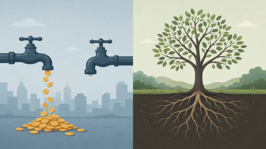 SEO vs paid ads comparison — tap running coins representing paid ads, tree with roots representing organic SEO compounding over time