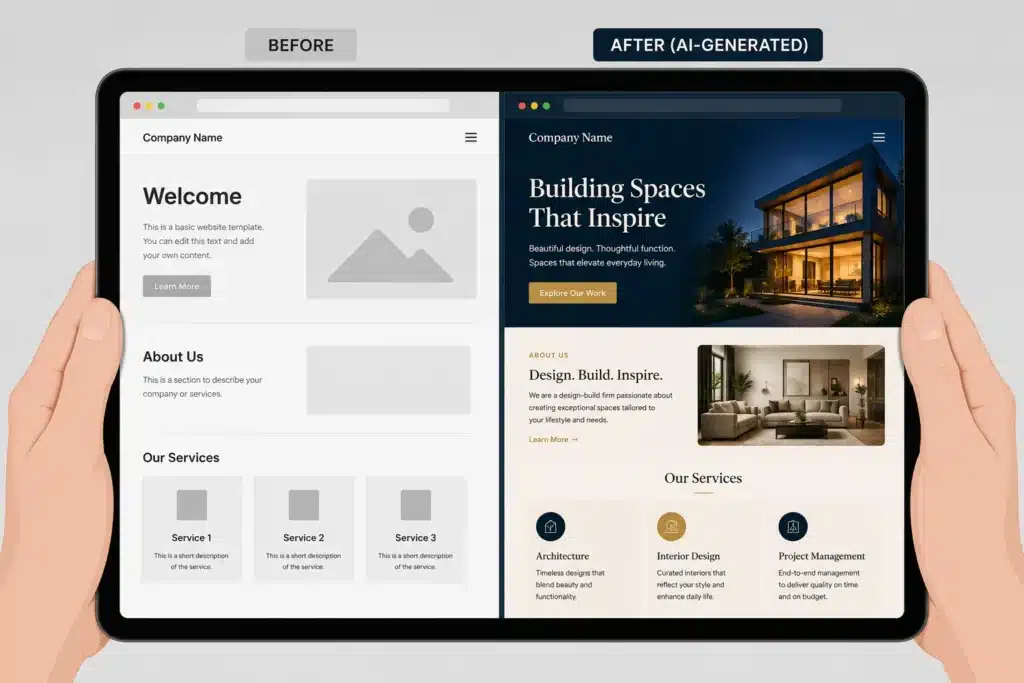 Illustrated comparison of a basic website template versus a polished AI-generated website design on a tablet.