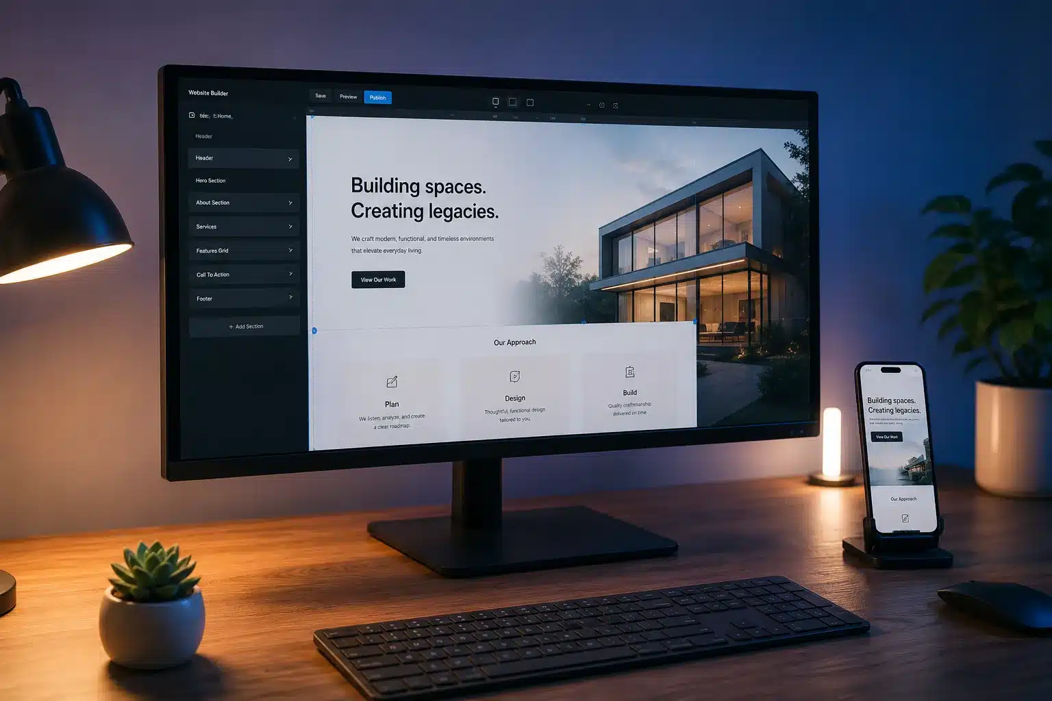 AI website builder interface displayed on an ultrawide monitor with matching mobile preview on a modern desk setup.