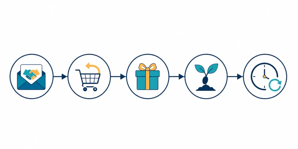 Five connected icons illustrating email automation stages: welcome handshake, abandoned cart, post-purchase gift, lead nurture seedling, and re-engagement clock