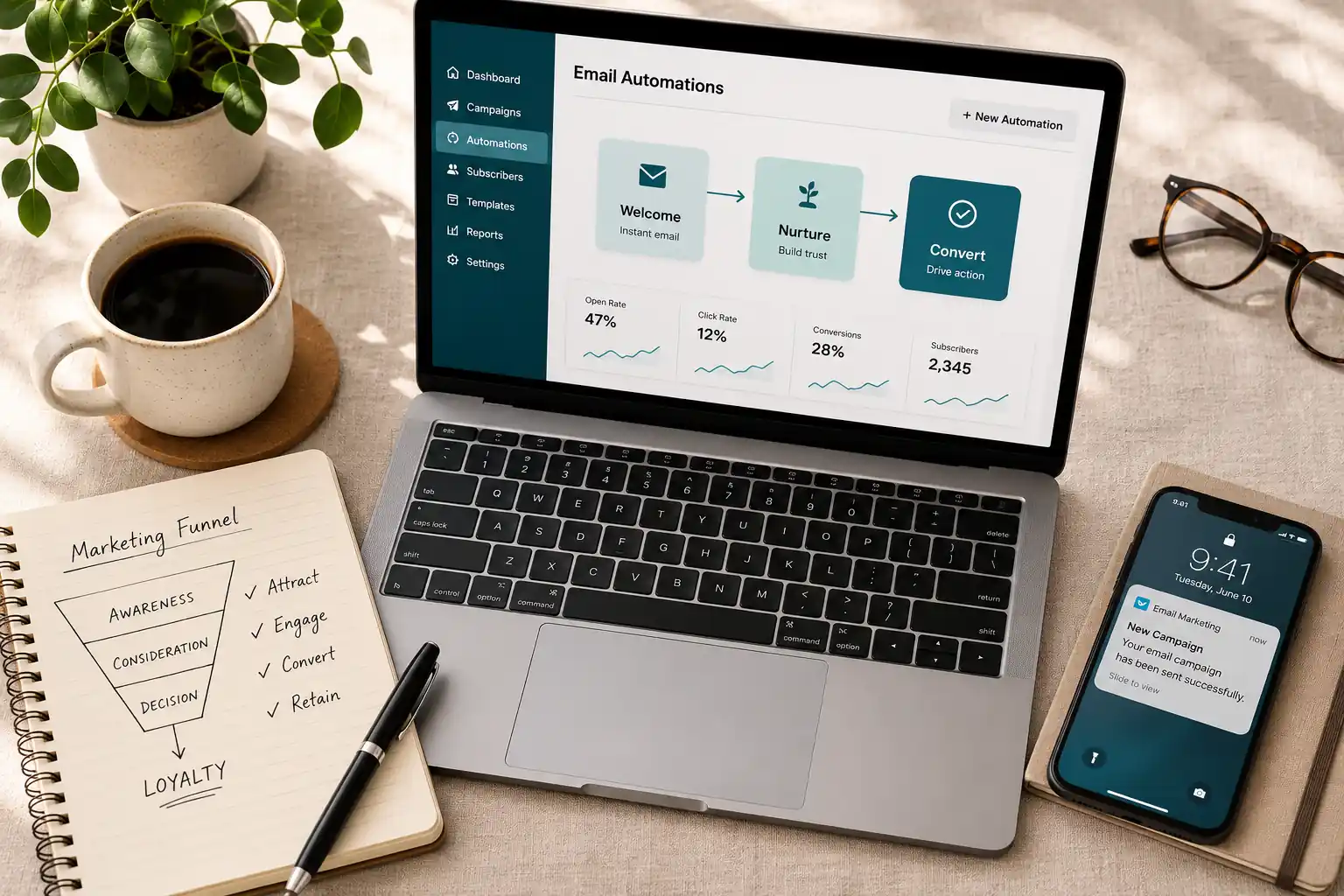 Overhead flat-lay of a laptop showing an email automation dashboard with welcome, nurture, and convert stages, next to a coffee cup, marketing funnel notebook sketch, and a phone with a campaign notification