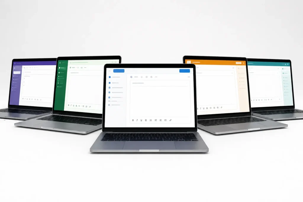 Five laptops in a row, each showing a different colored email editor interface, representing a comparison of email marketing automation platforms